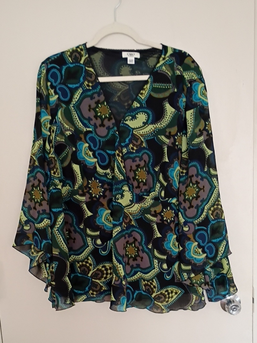 Cato V-Neck Layered Blouse - Teal, Lime & Blue